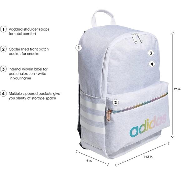 ADIDAS Classic Youth 3S Backpack Jersey White/Rose Gold Rainbow Bookbag NWT - Picture 2 of 5